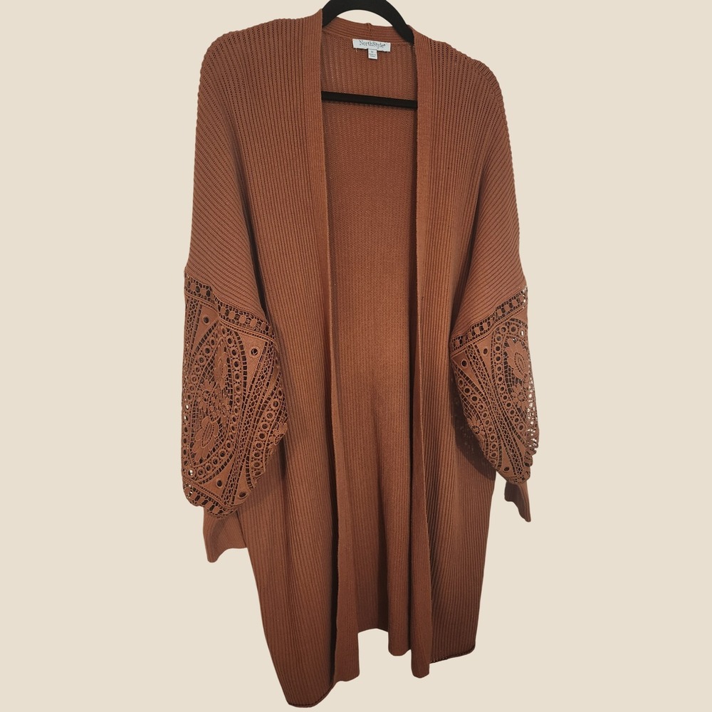 NorthStyle Duster Rust Crochet Balloon Sleeves 1X Cottagecore Boho Western
